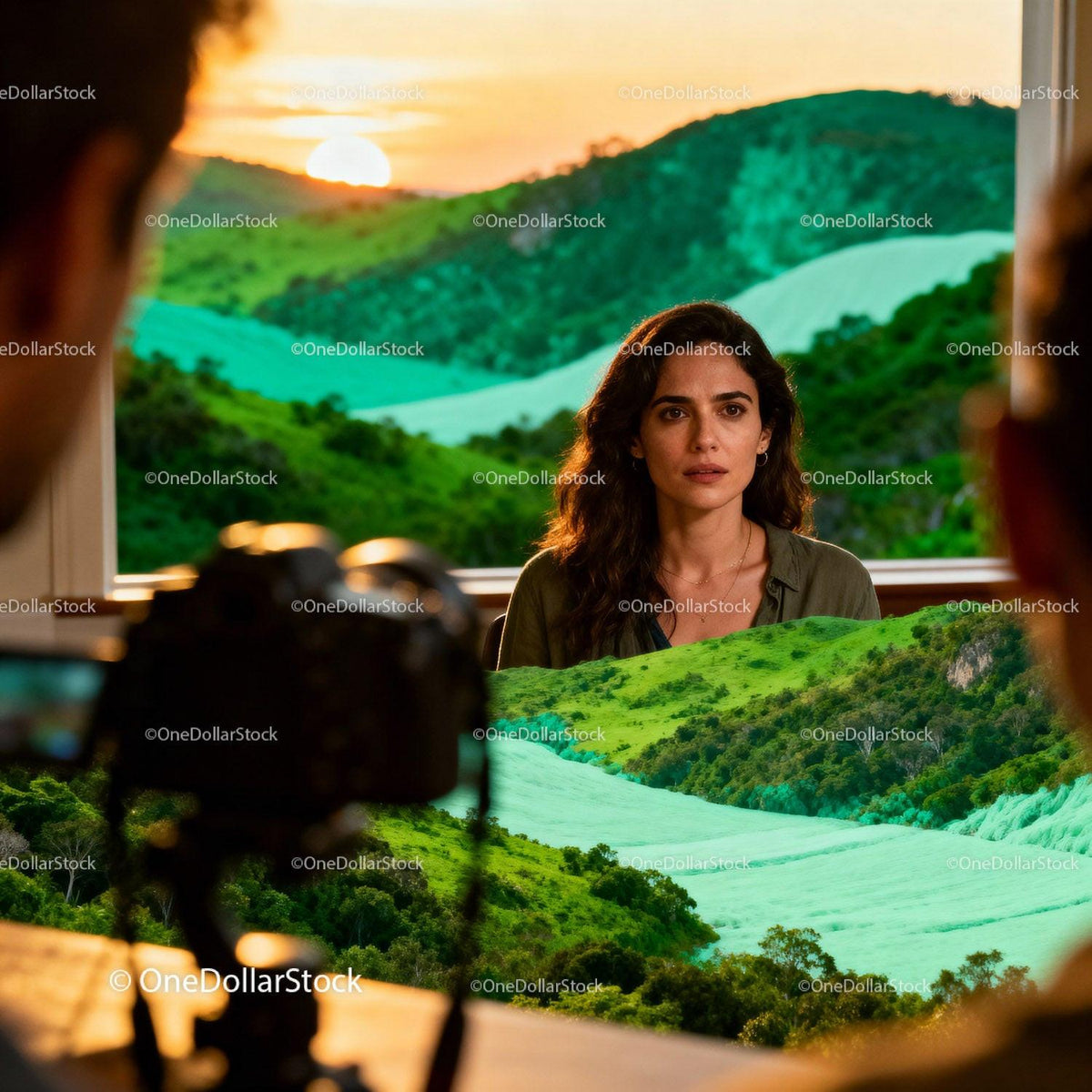 Woman being interviewed with vibrant sunset landscape view