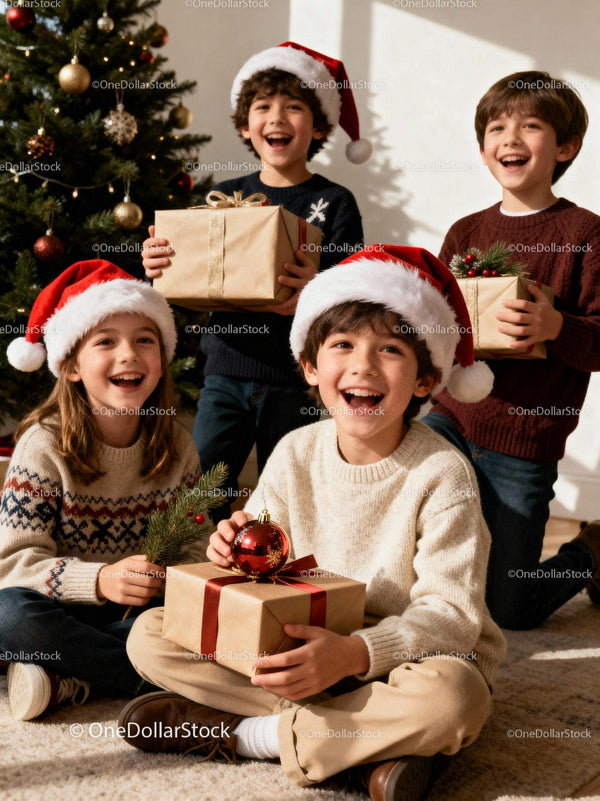 Joyful children celebrating Christmas with gifts and tree