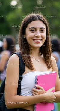 Young Woman Smiling with Notebook in Outdoor Environment