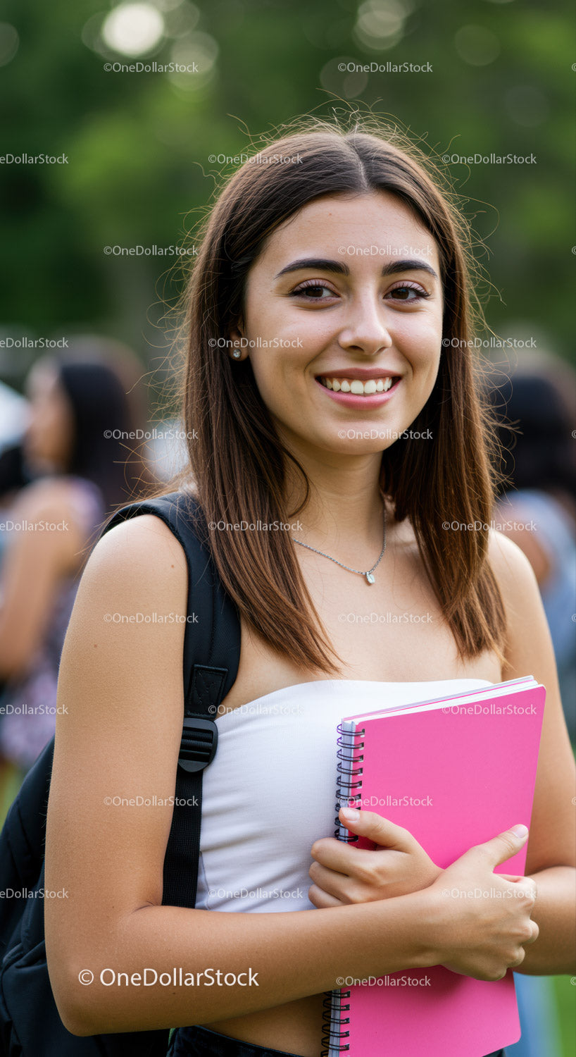 Young Woman Smiling with Notebook in Outdoor Environment