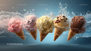 Colorful Ice Cream Scoops in Waffle Cones Splashing Water