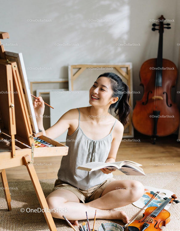 Young woman smiling while painting with watercolors at home