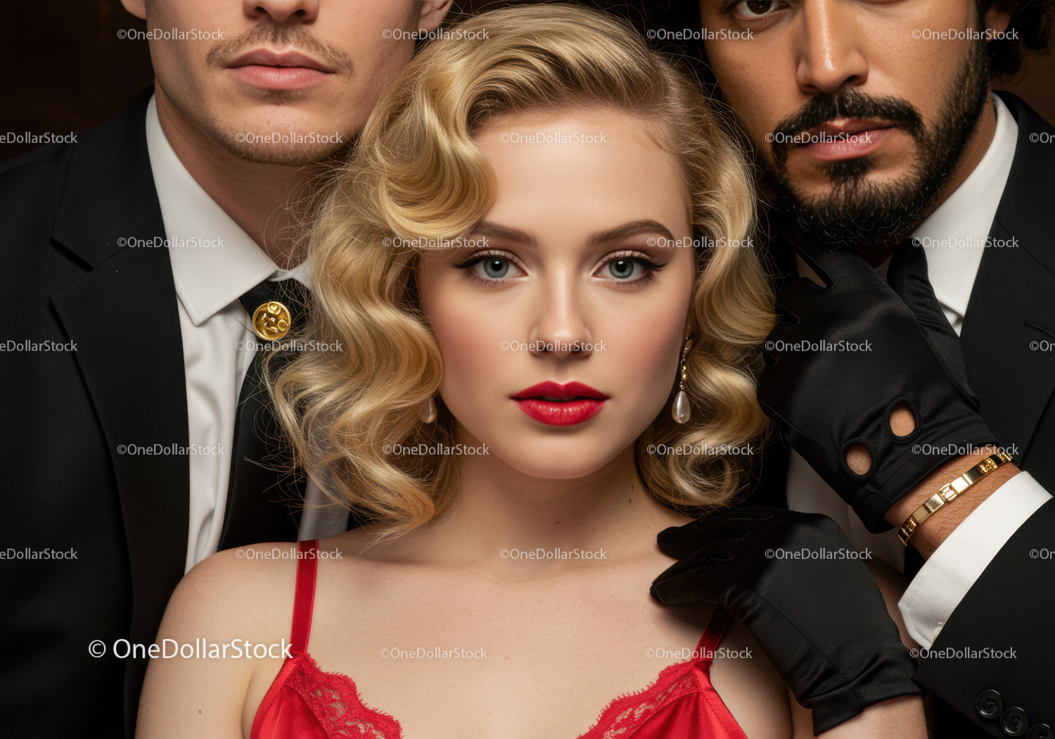 Elegant Blonde Woman in Red Lace Dress Surrounded by Men in Black Suits