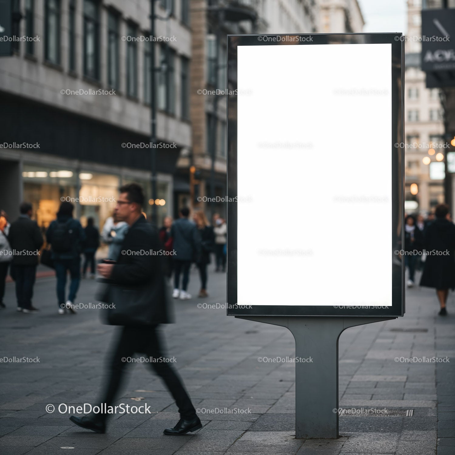 Blank advertising board on busy urban pedestrian street