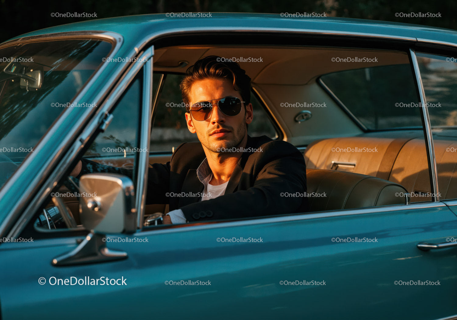 Stylish Man in Sunglasses Sitting in Classic Vintage Car at Sunset