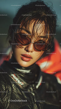 Confident Female Rider in Sunglasses with Motorcycle Gear