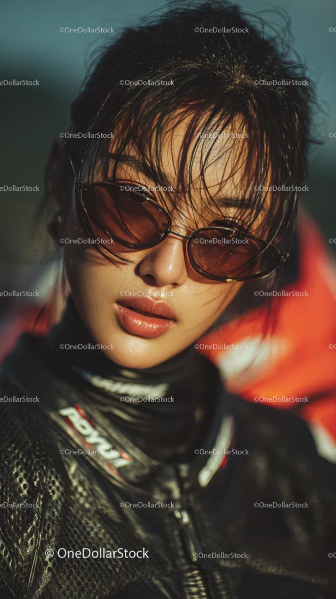 Confident Female Rider in Sunglasses with Motorcycle Gear