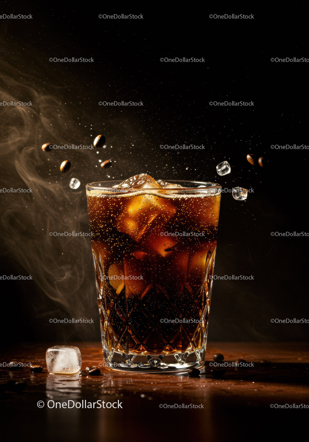 Refreshing iced coffee with floating ice cubes and beans