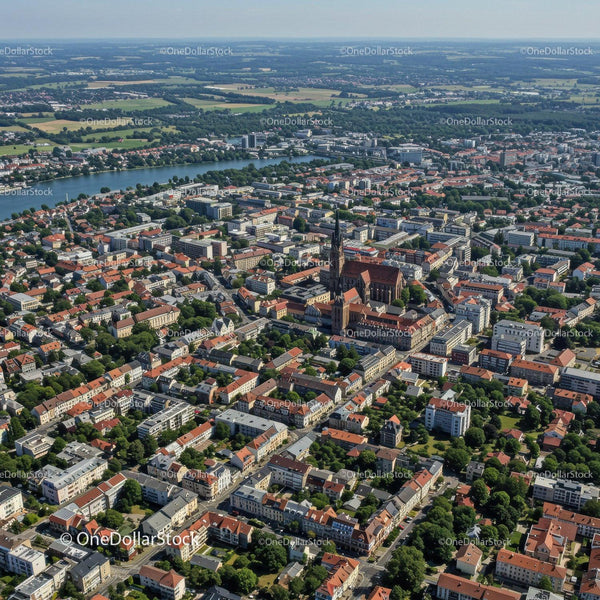 Cityscape of a Historic Town with Red Roofs and River View