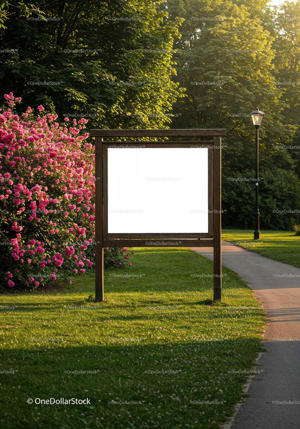 Empty wooden signboard in park with blooming pink flowers JPG Mockup Image