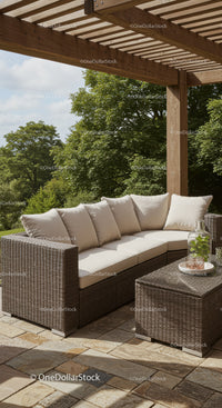 Stylish Outdoor Wicker Sofa Set with Cushions Under Wooden Pergola in Garden