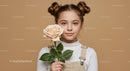 Young Girl with Pale Peach Rose Portrait on Soft Beige Background