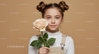 Young Girl with Pale Peach Rose Portrait on Soft Beige Background