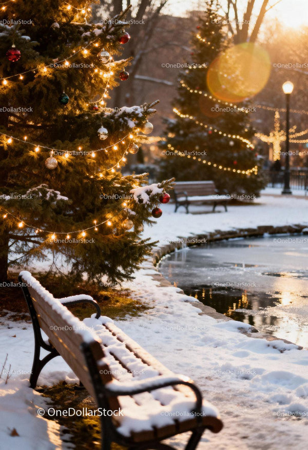 Snow-Covered Bench by Festive Christmas Trees at Sunset