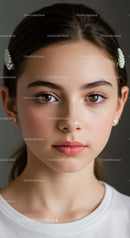 Close-Up Portrait of a Girl with Brown Eyes and Elegant Pearl Accessories