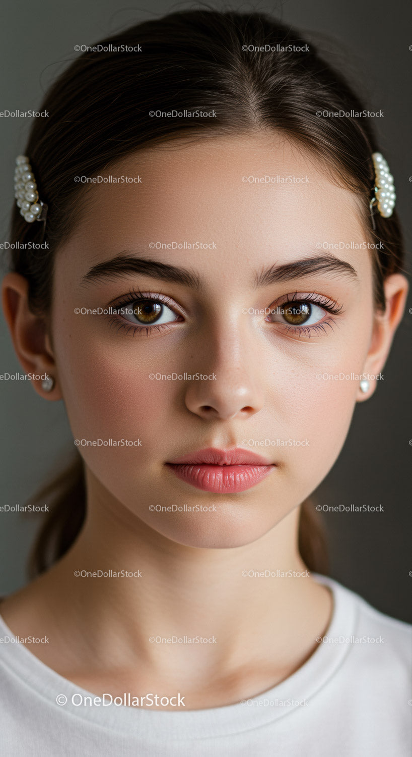 Portret dziewczyny z brązowymi oczami i eleganckimi perłowymi dodatkami