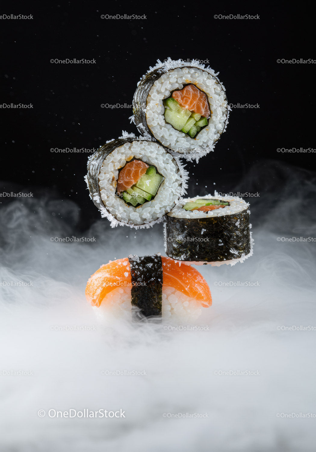 Fresh salmon sushi and maki rolls with smoky background