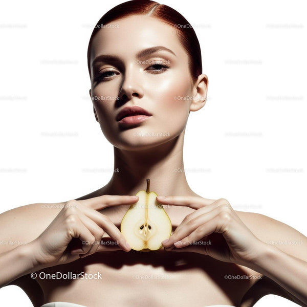 Elegant Woman with Fresh Pear in Bright Minimalist Studio
