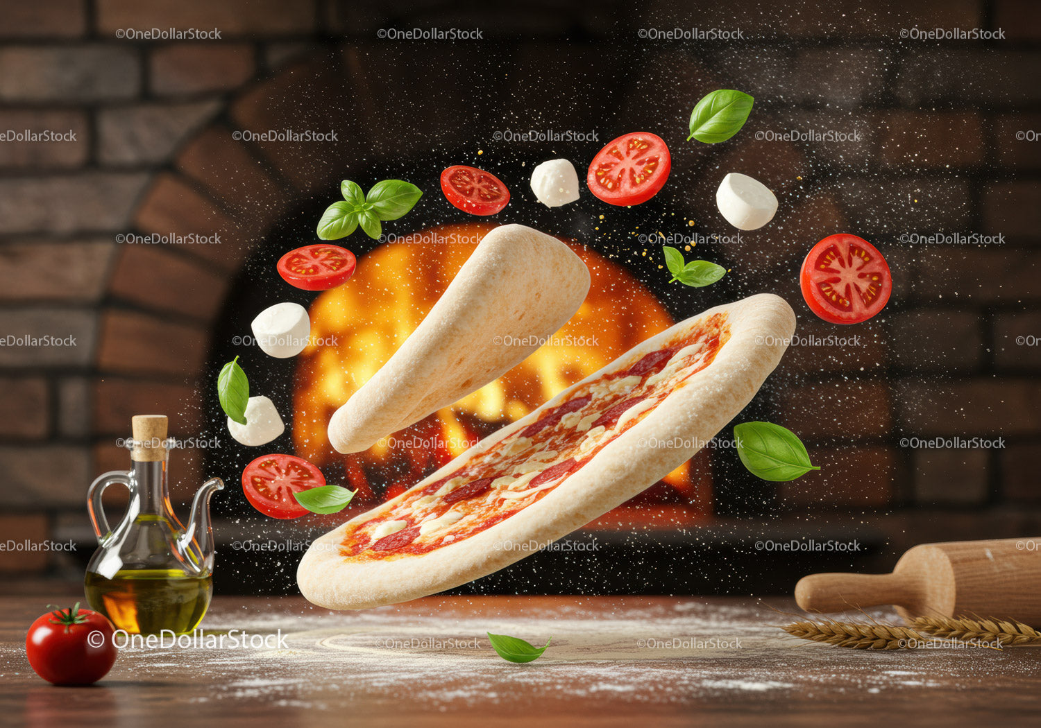 Składniki unoszące się nad świeżym ciastem na pizzę w pobliżu pieca