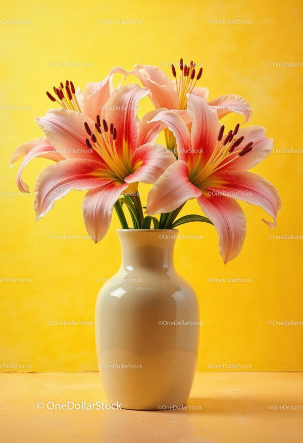 Pink Lily Bouquet in Elegant Vase on Yellow Background