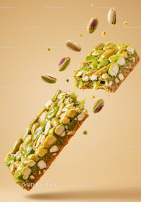 Crunchy pistachio nut bar breaking apart with flying nuts
