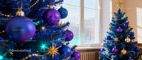 Decorated Blue Christmas Tree with Purple and Gold Ornaments