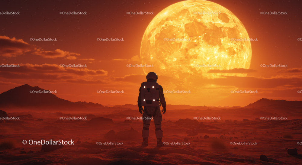 Astronauta stojący na Czerwonej Planecie przypominającej Marsa, w pełni księżyca i przy zachodzie słońca