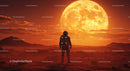 Astronaut Standing on Mars-like Red Planet with Full Moon and Sunset