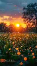 Sunset Over Dewy Grass in a Rainy Meadow Scene