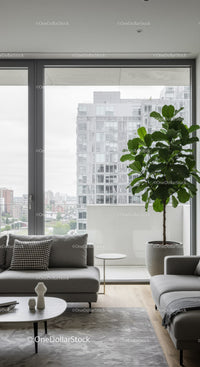 Modern Living Room with Floor-to-Ceiling Window and City View