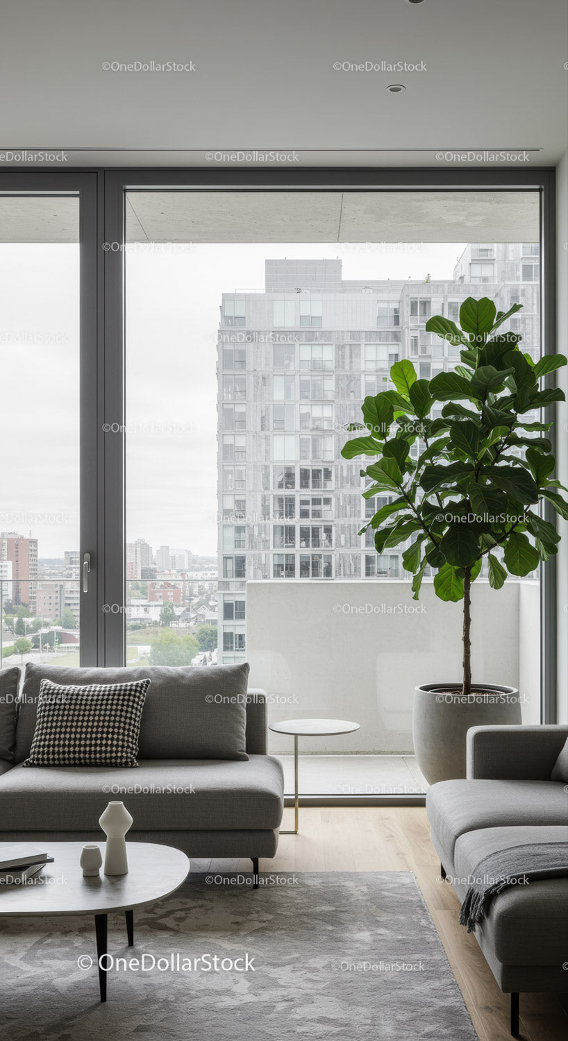 Modern Living Room with Floor-to-Ceiling Window and City View