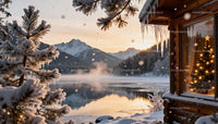 Winter cabin with glowing Christmas tree by frozen lake