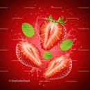 Fresh strawberry halves with mint leaves and splash