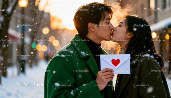 Young couple sharing a romantic winter kiss outdoors