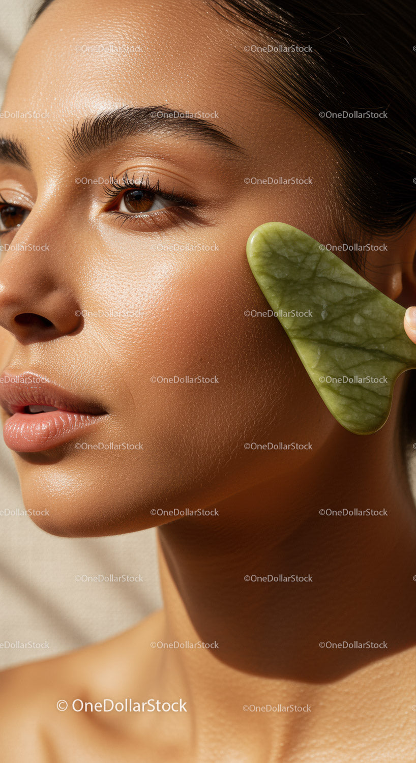 Close-Up of Woman with Glowing Skin and Green Leaf for Natural Beauty