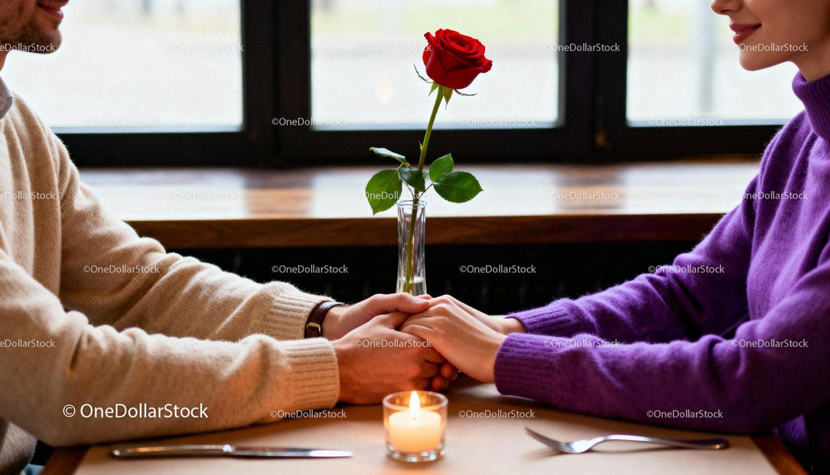Couple Holding Hands Over Romantic Dinner Table