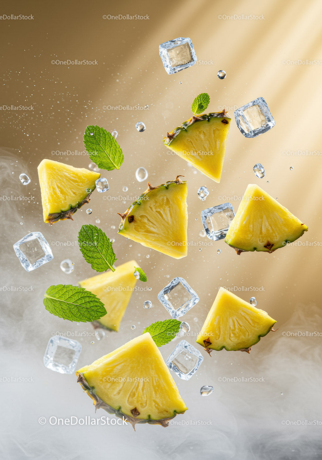 Fresh Pineapple Slices with Mint and Ice Cubes in Air