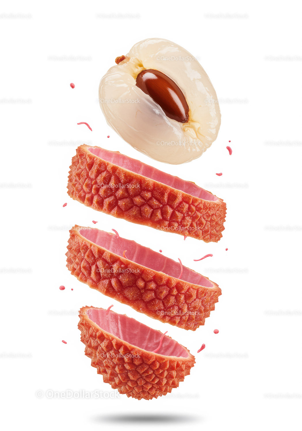 Layers of peeled lychee fruit with seed floating