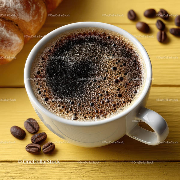 Freshly Brewed Coffee in a White Mug on a Wooden Table
