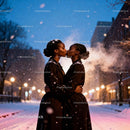 Couple sharing a tender kiss on snowy city street