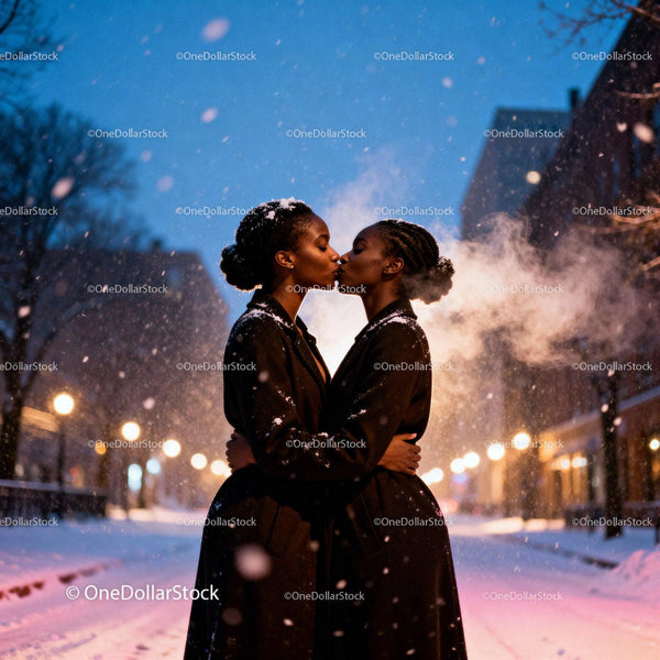 Couple sharing a tender kiss on snowy city street