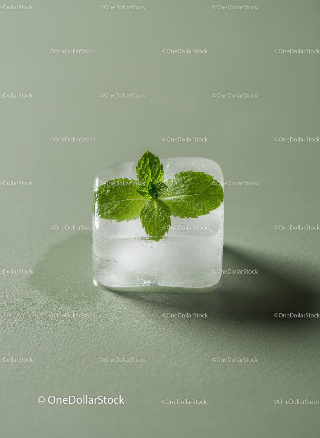 Fresh mint leaf frozen inside a clear ice cube