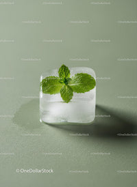 Fresh mint leaf frozen inside a clear ice cube