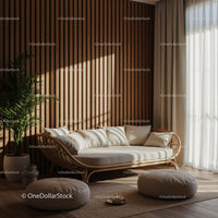 Cozy wicker sofa corner with natural light and cushions