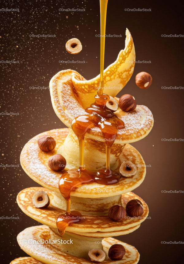 Stack of fluffy pancakes with hazelnuts and honey drizzle