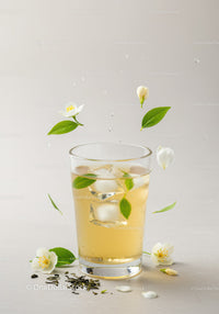 Refreshing iced jasmine tea with delicate flowers