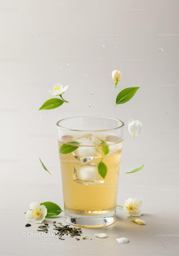 Refreshing iced jasmine tea with delicate flowers
