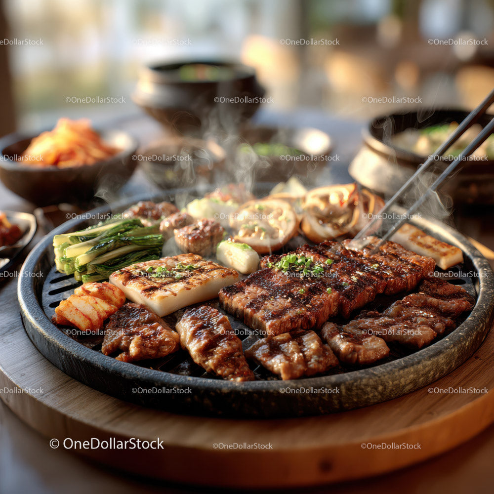 Korean Barbecue Grill with Assorted Meat and Fresh Vegetables