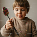 Little boy enjoying colorful sprinkles on spoon