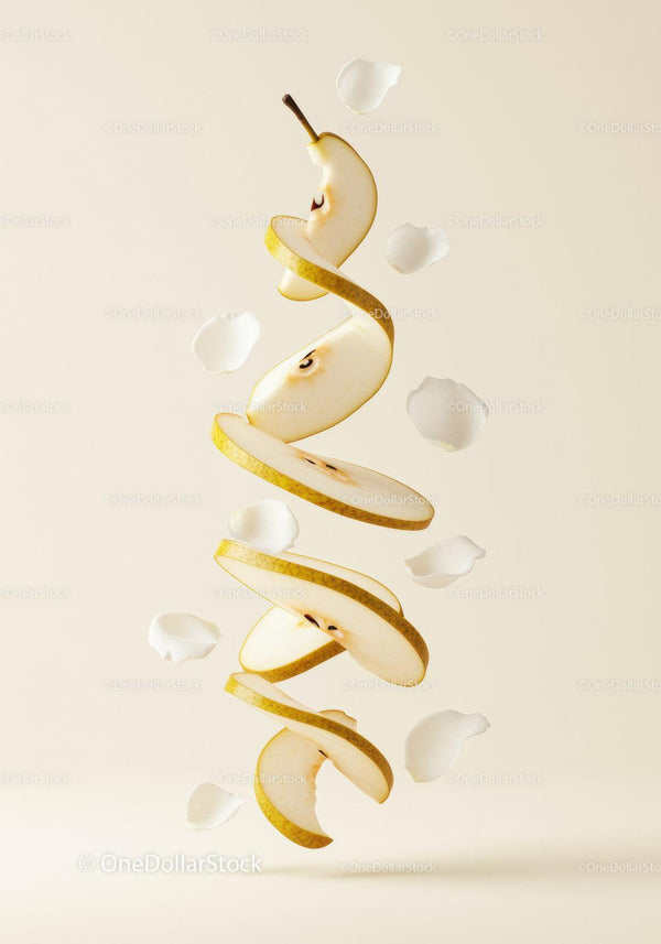 Spiral Sliced Pear with Floating White Petals